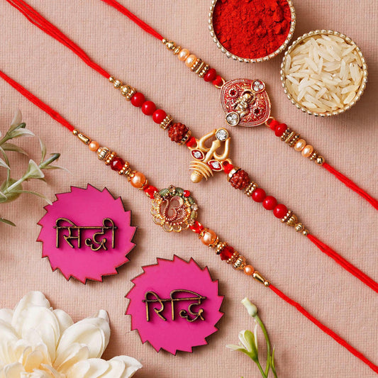 Webelkart Set Of 3 Designer Rakhi For Brother Bhabhi With Riddhi-Siddhi Sticker for Home Decor | Rakhi For Bhaiya Bhabhi |Lumba Rakhi For Bhabhi |Kids Rakhi With Roli Chawal Best Wishes Card