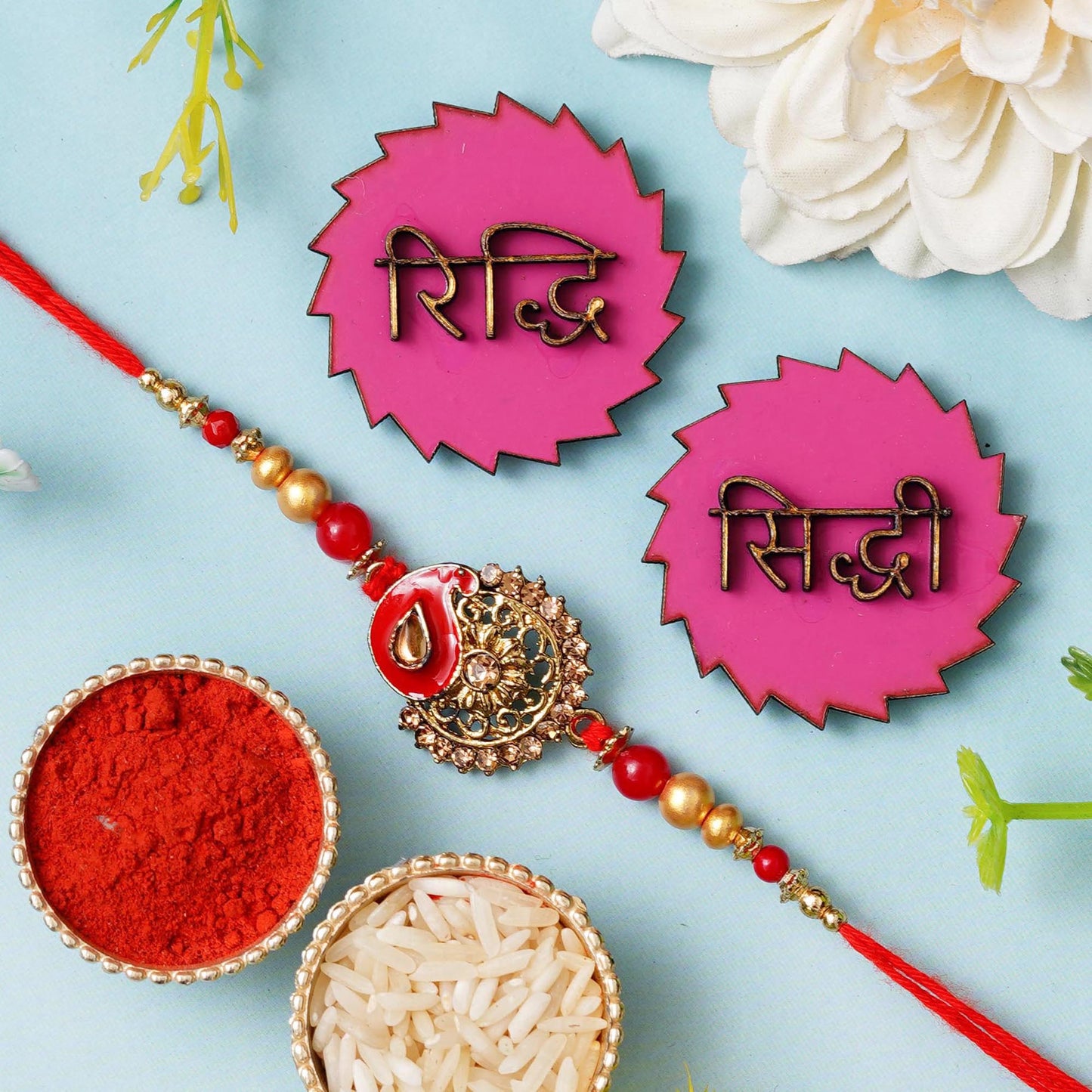 Webelkart Rakhi For Bhaiya and bahbhi With Riddhi-Siddhi Sticker for Home Decor | Rakhi For Bhaiya Bhabhi |Lumba Rakhi For Bhabhi |Kids Rakhi for Sister Roli Chawal Pack With Best Wishes Card
