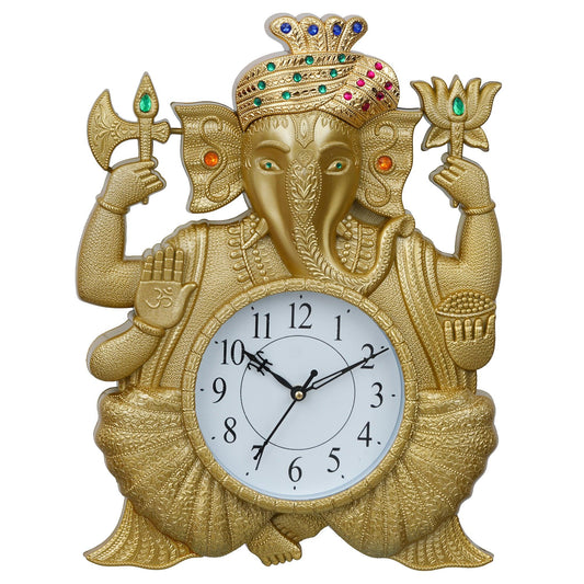 Webelkart Premium Pagdi Ganesha Analog Wall Clock for Home and Office Decor (12 Inches, Gold)