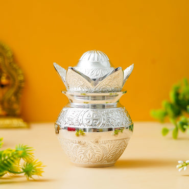 Webelkart Antique Sliver Plated Pooja Kalash with Coconut for Pooja Decor with Red Velvet Box/Swastik Kalash for Puja Temple/Diwali Gift Item/mangal Kalash (5" inches)