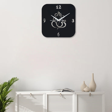Webelkart Premium Lord Ganesha Mural Wooden Wall Clock for Home and Office Decor ( 11 Inches, Black) Without Glass