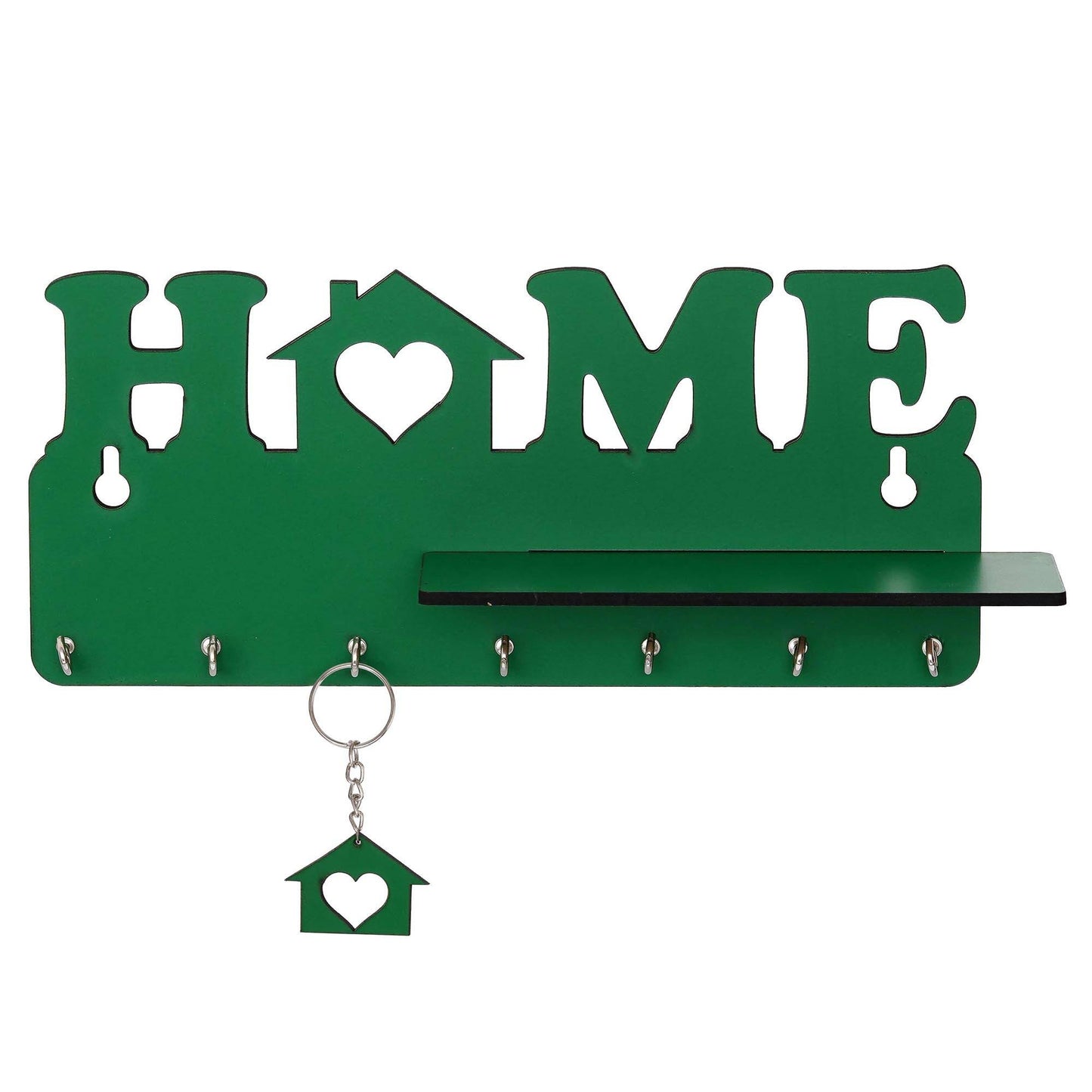 Webelkart Designer Home Keys Wooden Key Holder with 7 Hooks, Free Keychain (29 cm x 13.5 cm x 0.4 cm, Green) Key Stand Key Hanger