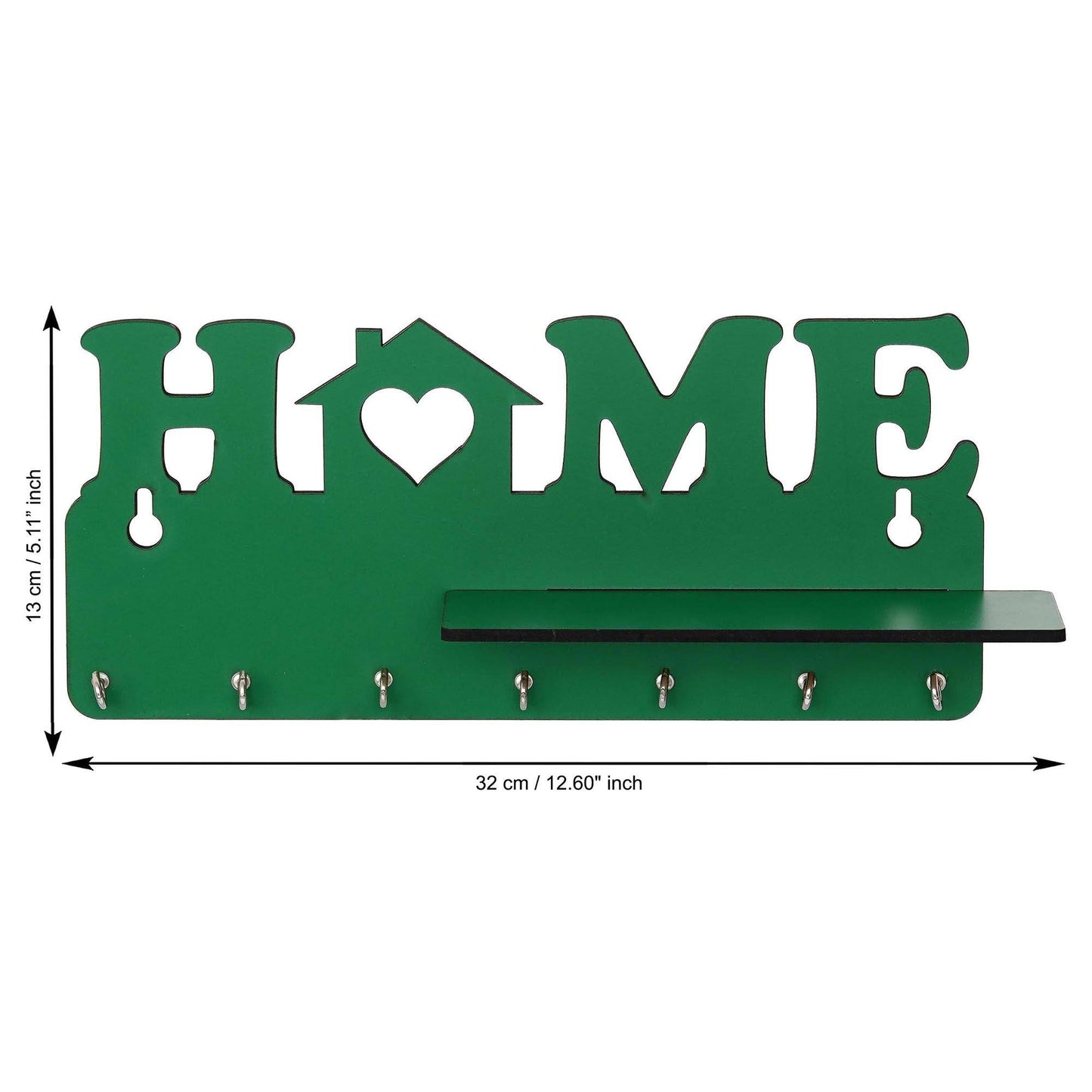 Webelkart Designer Home Keys Wooden Key Holder with 7 Hooks, Free Keychain (29 cm x 13.5 cm x 0.4 cm, Green) Key Stand Key Hanger