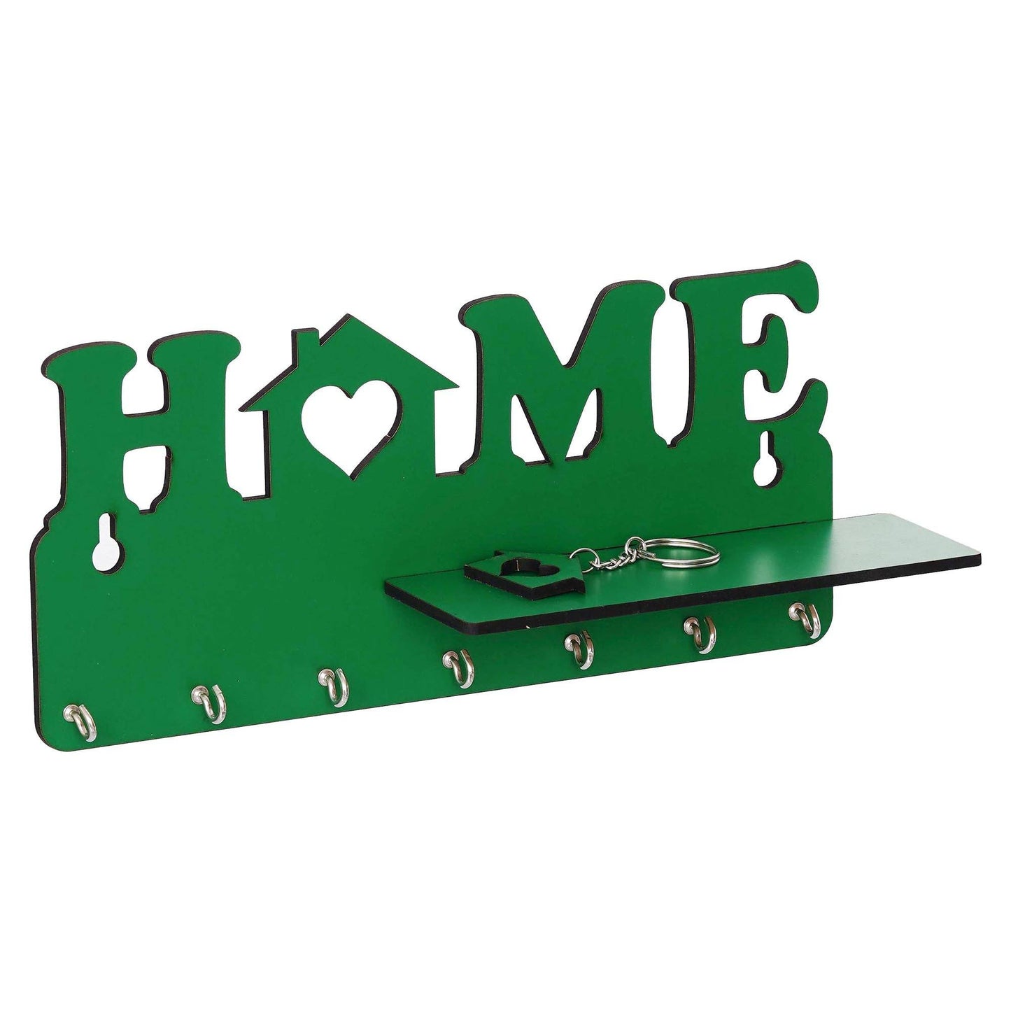 Webelkart Designer Home Keys Wooden Key Holder with 7 Hooks, Free Keychain (29 cm x 13.5 cm x 0.4 cm, Green) Key Stand Key Hanger