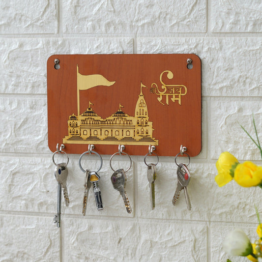 JaipurCrafts Premium Jai Shree Ram Mandir Ayodhya Model Wooden Key Holder for Home and Office Decor/Keychain Holder for Home - Orange,Gold - 8 inches