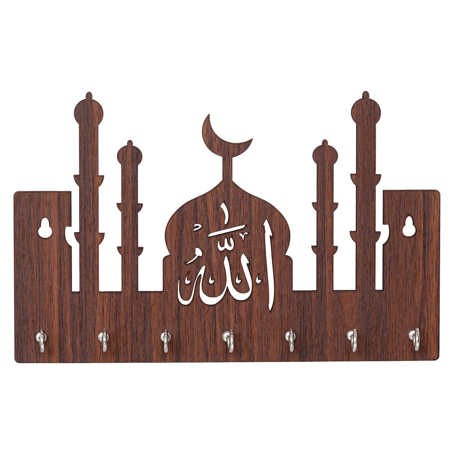 Webelkart Premium Macca Madina-Allah Wooden Key Chain Holder for Home and Living Room Decor, Allah Key Holder for Office Decor (Brown)