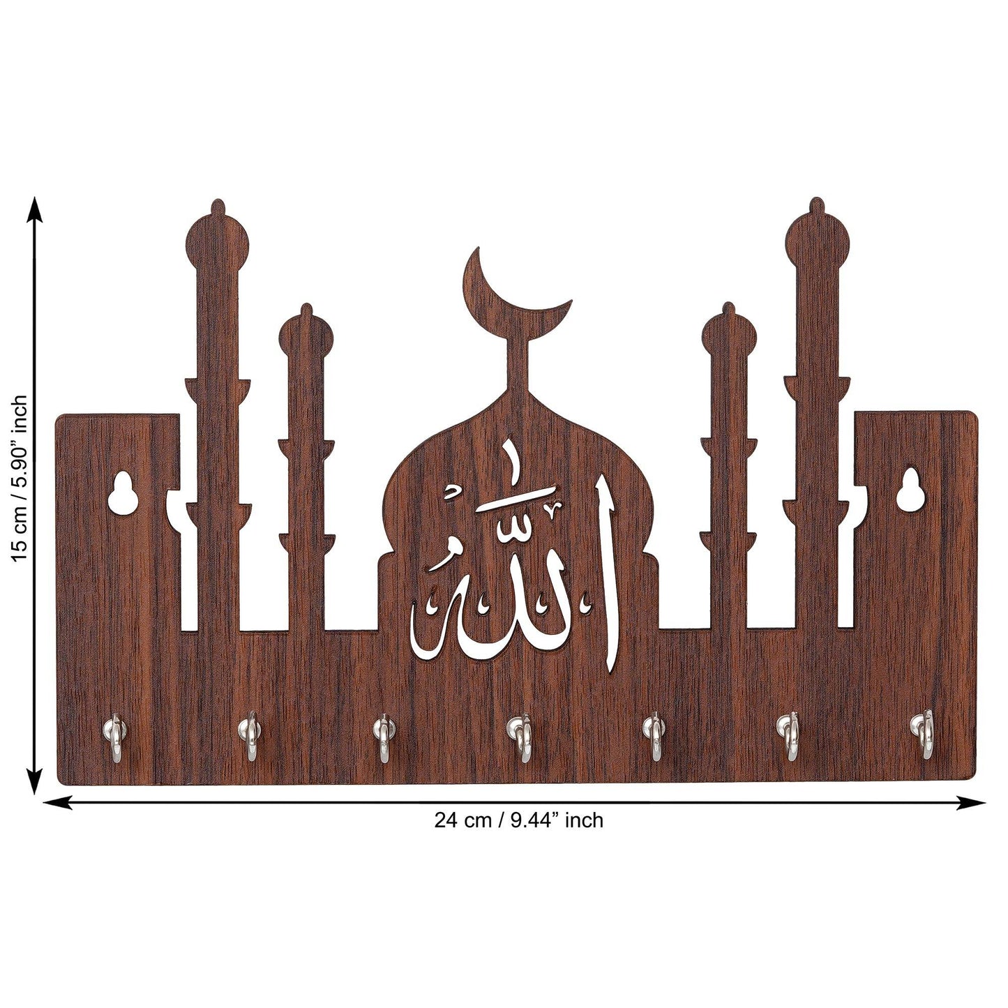 Webelkart Premium Macca Madina-Allah Wooden Key Chain Holder for Home and Living Room Decor, Allah Key Holder for Office Decor (Brown)
