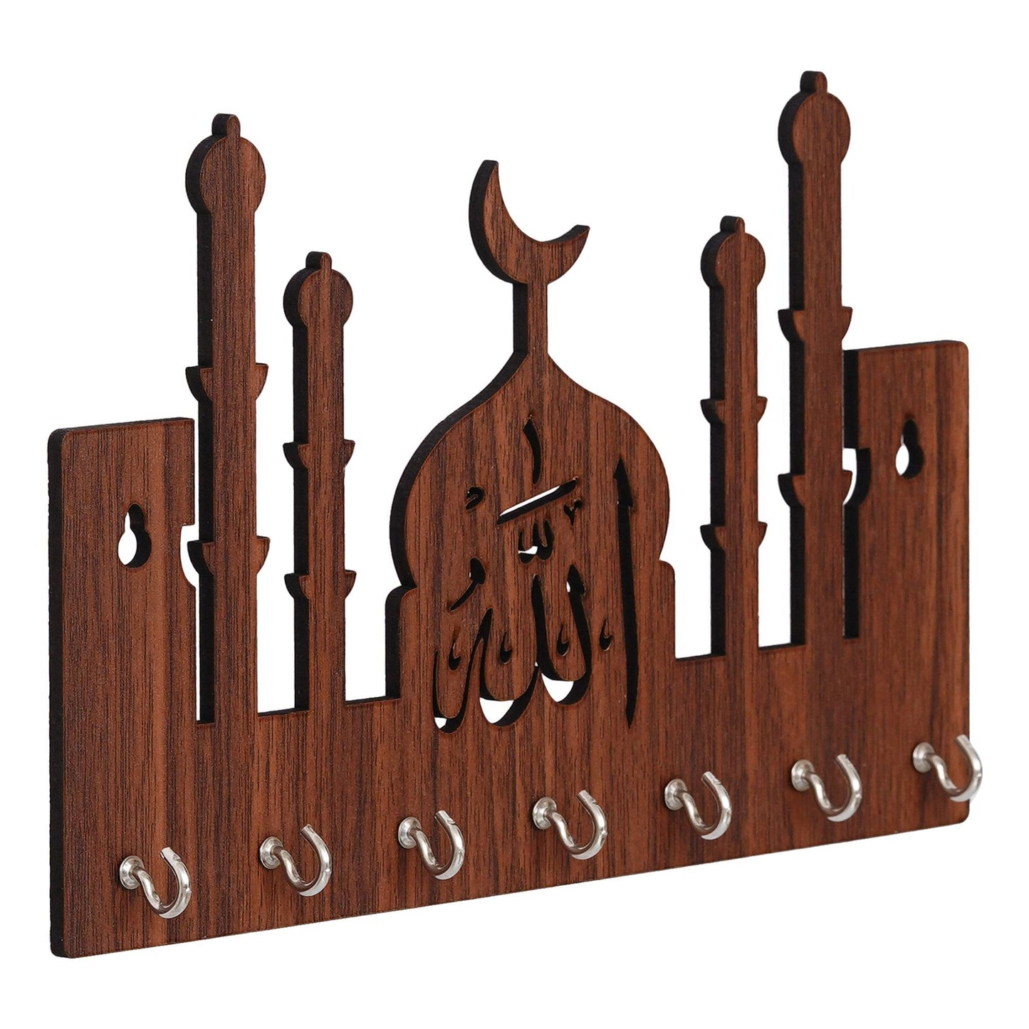 Webelkart Premium Macca Madina-Allah Wooden Key Chain Holder for Home and Living Room Decor, Allah Key Holder for Office Decor (Brown)
