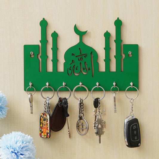 JaipurCrafts Premium Macca Madina-Allah Wooden Key Chain Holder for Home and Living Room Decor, Allah Key Holder for Office Decor (Green)