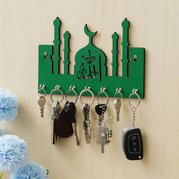 JaipurCrafts Premium Macca Madina-Allah Wooden Key Chain Holder for Home and Living Room Decor, Allah Key Holder for Office Decor (Green)