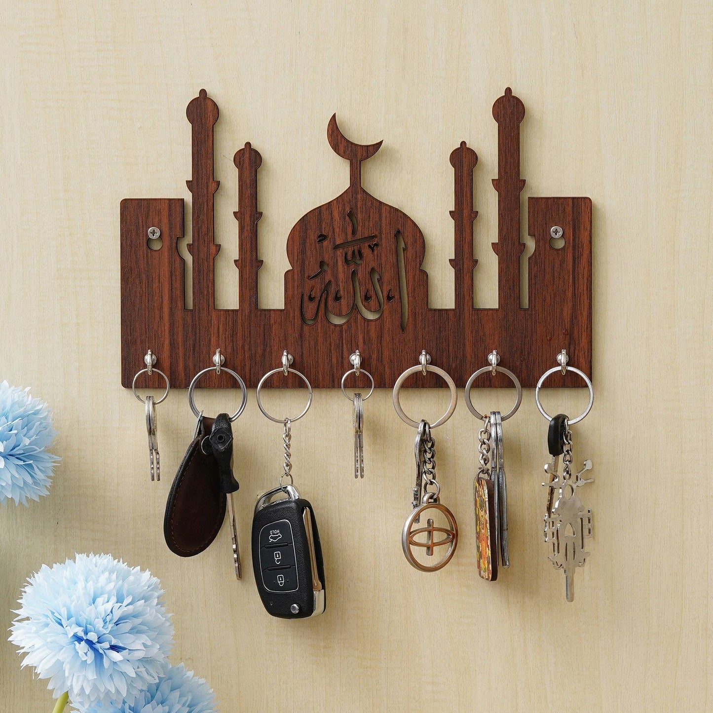 Webelkart Premium Macca Madina-Allah Wooden Key Chain Holder for Home and Living Room Decor, Allah Key Holder for Office Decor (Brown)