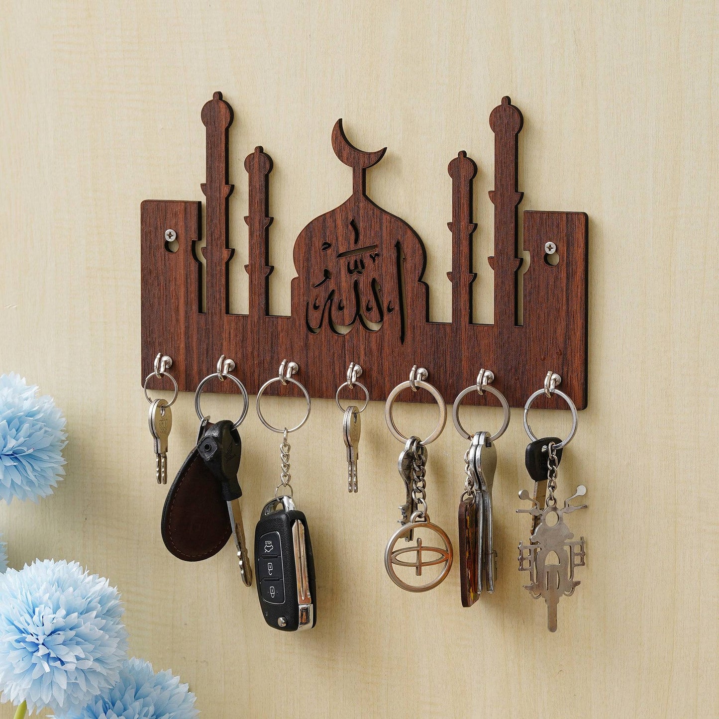 Webelkart Premium Macca Madina-Allah Wooden Key Chain Holder for Home and Living Room Decor, Allah Key Holder for Office Decor (Brown)
