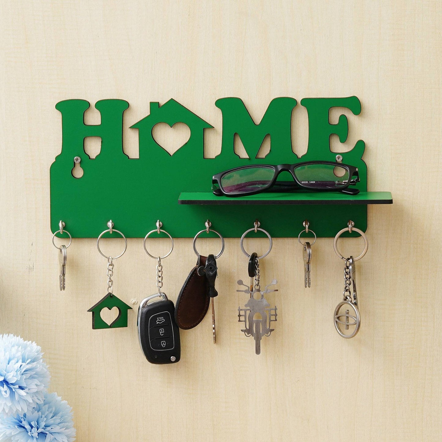 Webelkart Designer Home Keys Wooden Key Holder with 7 Hooks, Free Keychain (29 cm x 13.5 cm x 0.4 cm, Green) Key Stand Key Hanger
