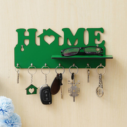 Webelkart Designer Home Keys Wooden Key Holder with 7 Hooks, Free Keychain (29 cm x 13.5 cm x 0.4 cm, Green) Key Stand Key Hanger