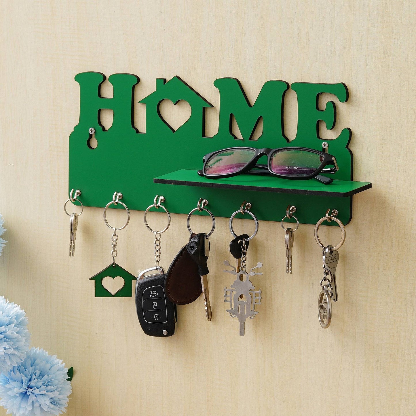 Webelkart Designer Home Keys Wooden Key Holder with 7 Hooks, Free Keychain (29 cm x 13.5 cm x 0.4 cm, Green) Key Stand Key Hanger