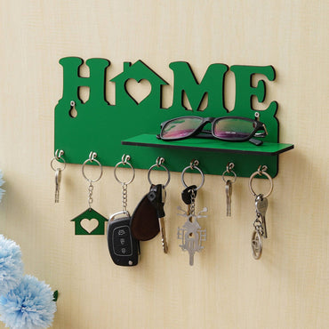 Webelkart Designer Home Keys Wooden Key Holder with 7 Hooks, Free Keychain (29 cm x 13.5 cm x 0.4 cm, Green) Key Stand Key Hanger