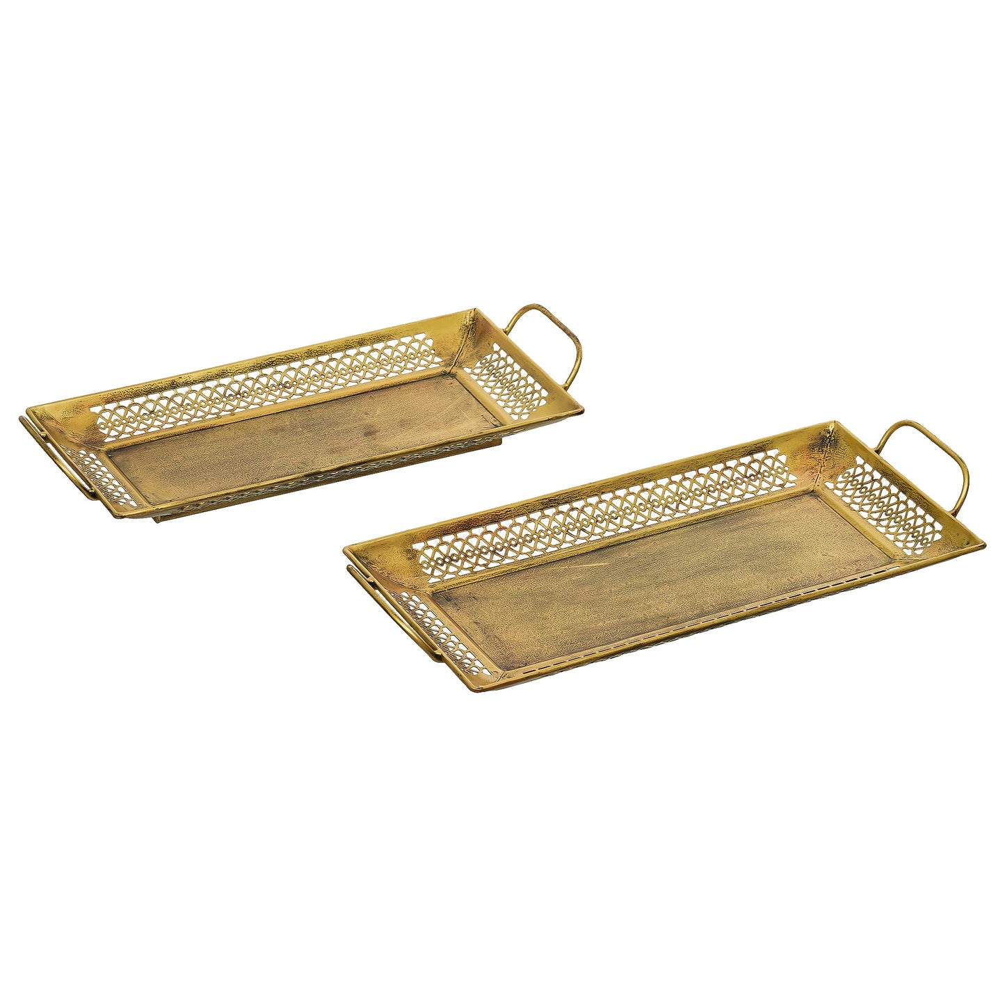 Webelkart Brass Serving Trays Modern Style with Handle Large, Medium Serving Tray, Snacks, Floating Flowers for Home Decoration Dining Table| Diwali and Home Decor Items (15.35" Inches) Set of 2