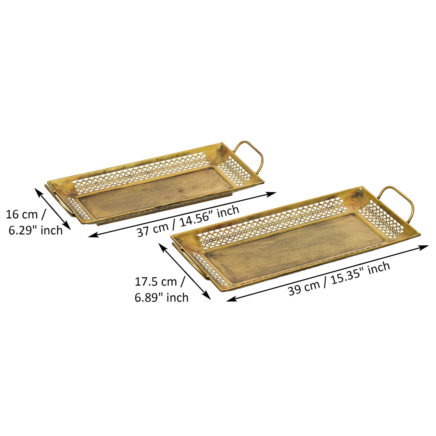 Webelkart Brass Serving Trays Modern Style with Handle Large, Medium Serving Tray, Snacks, Floating Flowers for Home Decoration Dining Table| Diwali and Home Decor Items (15.35" Inches) Set of 2