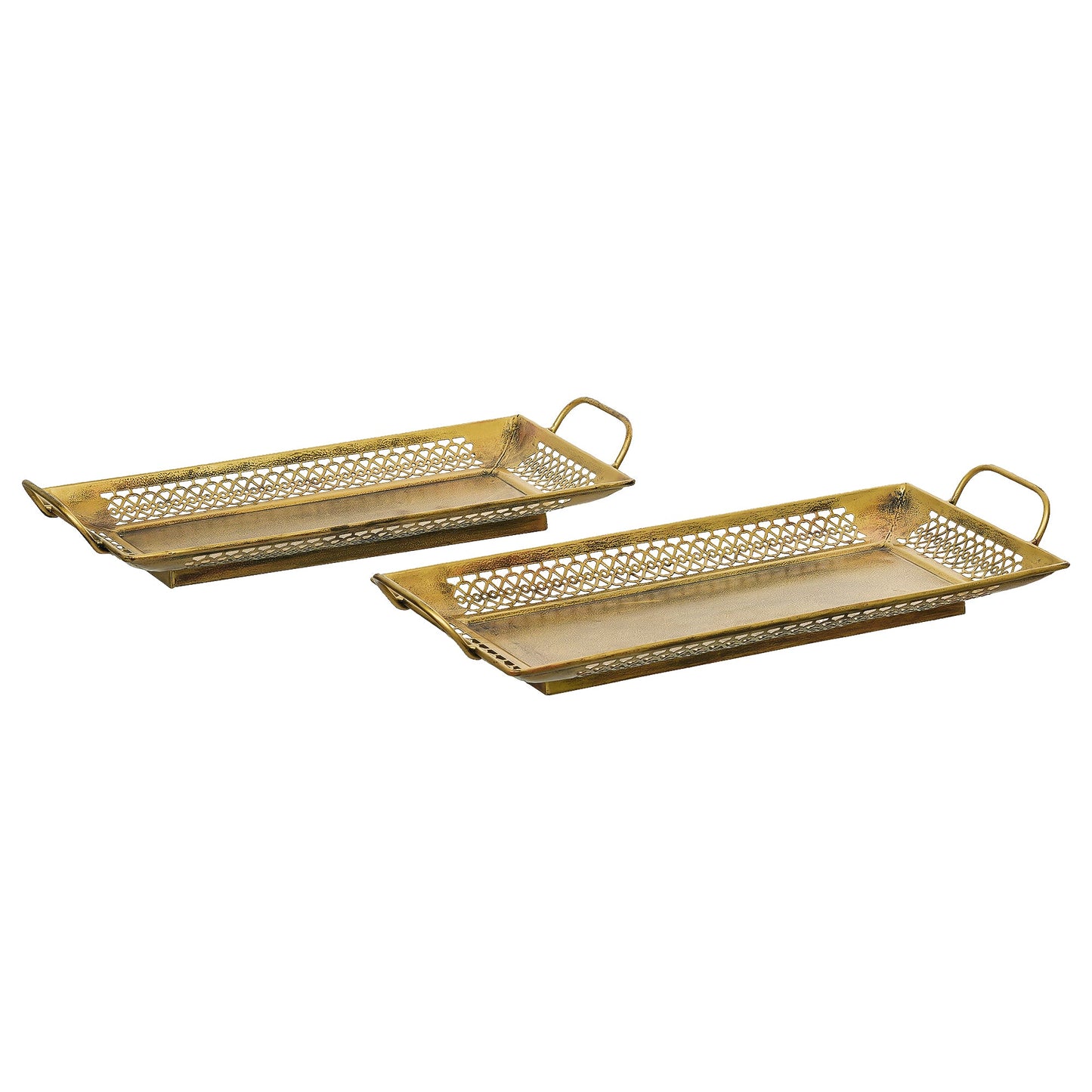 Webelkart Brass Serving Trays Modern Style with Handle Large, Medium Serving Tray, Snacks, Floating Flowers for Home Decoration Dining Table| Diwali and Home Decor Items (15.35" Inches) Set of 2