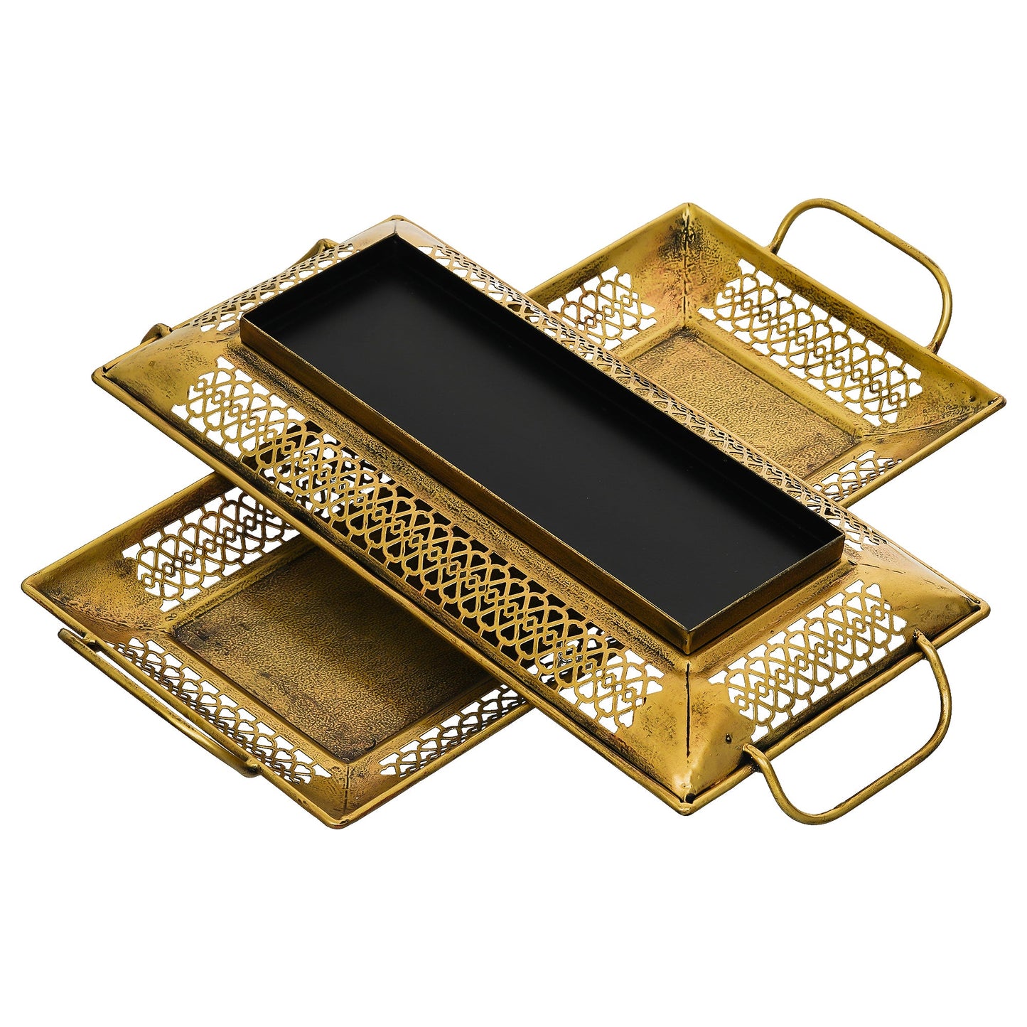 Webelkart Brass Serving Trays Modern Style with Handle Large, Medium Serving Tray, Snacks, Floating Flowers for Home Decoration Dining Table| Diwali and Home Decor Items (15.35" Inches) Set of 2