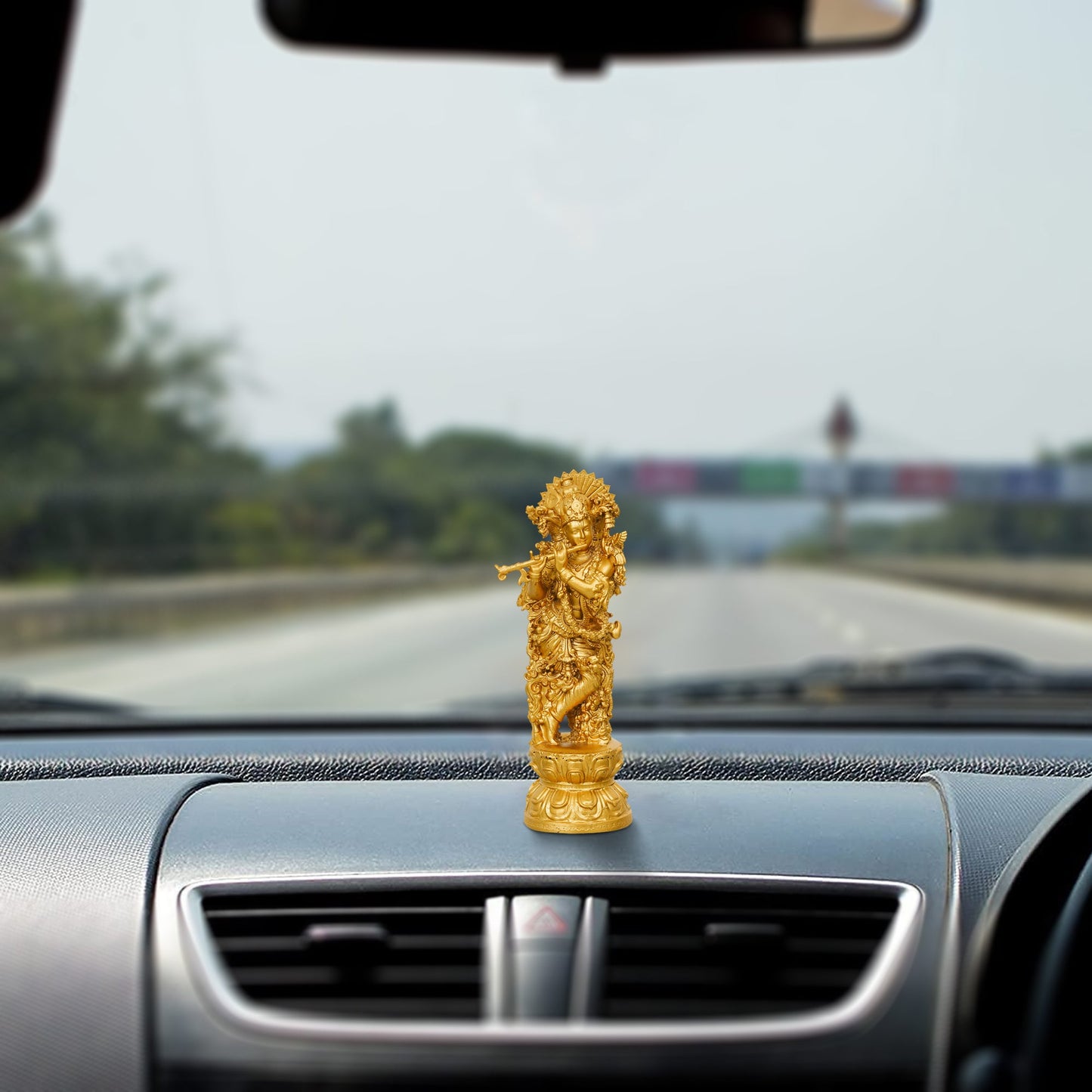 Webelkart Premium Small Krishna Idol Resin Cardashboard, Lord Krishan Statue, Gift Home and Office Decor, Krishna Figurine Showpiece (4" Inches Gold)