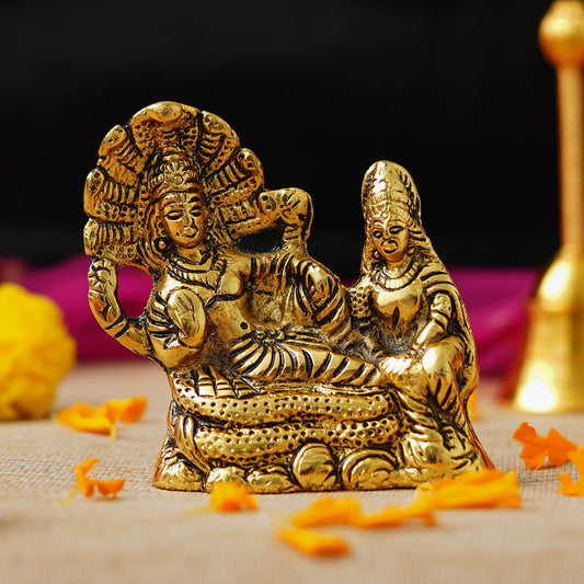 Webelkart Premium Metal Lakshmi Vishnu Ji Sitting On Sheshnag Murti for Home and Office Decor| Lord Vishnu On Sheshnag Idol Statue for Temple Decor (4" Inches)