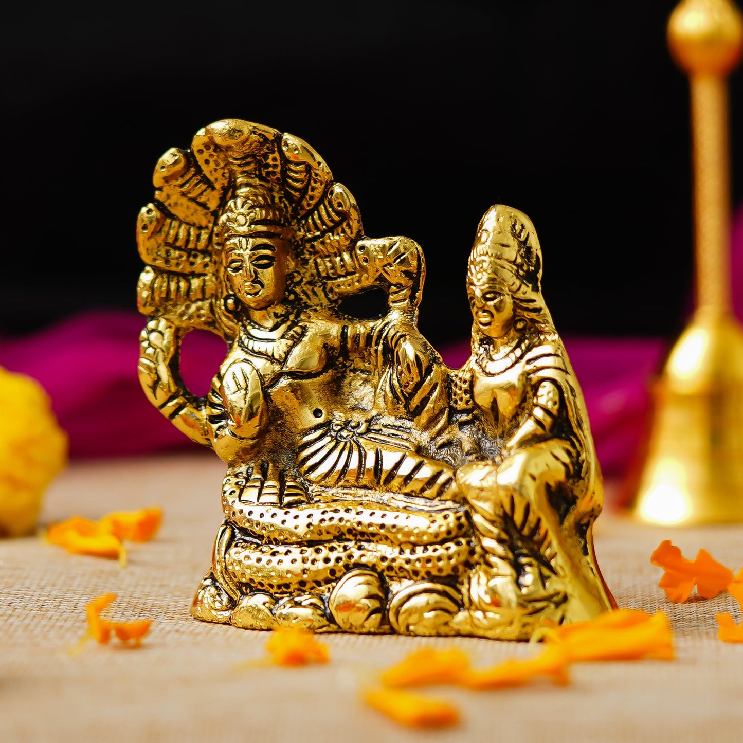 Webelkart Premium Metal Lakshmi Vishnu Ji Sitting On Sheshnag Murti for Home and Office Decor| Lord Vishnu On Sheshnag Idol Statue for Temple Decor (4" Inches)