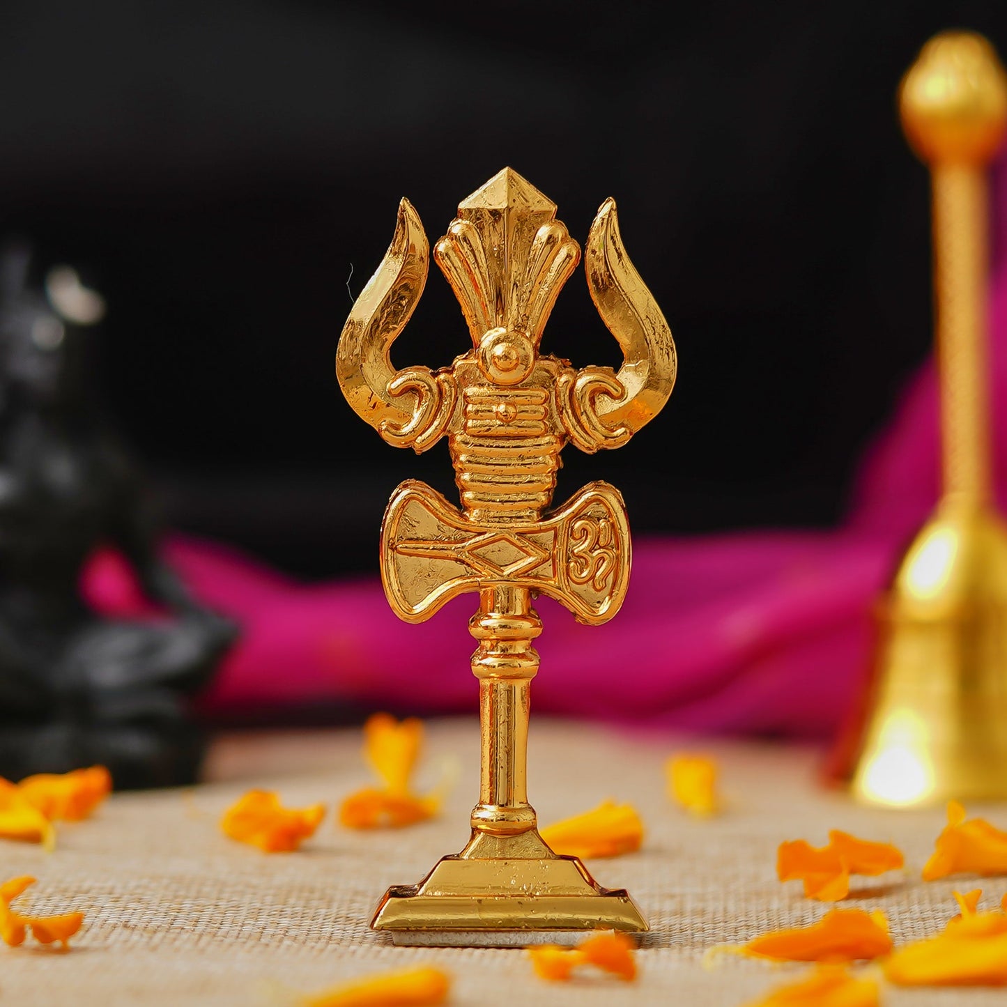 Webelkart Premium Metal Lord Shiva Trishul with Damru on Stand Statue for CarDashboard,Pooja Decor Beautiful Mahakal Trishul for Temple Decor Pooja Artical,Adiyogi Trishul (3.93" Inches Gold)
