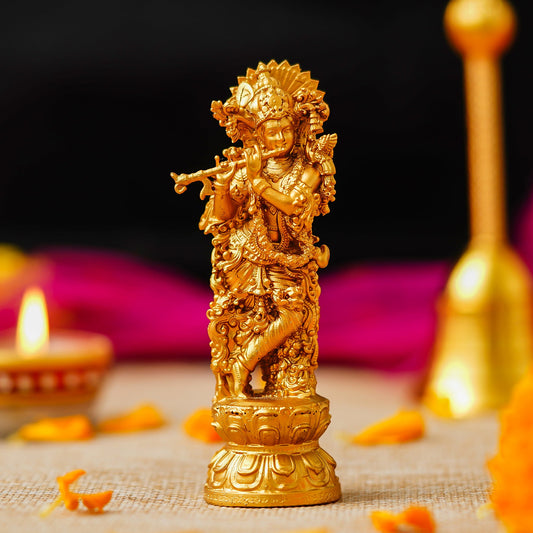 Webelkart Premium Small Krishna Idol Resin Cardashboard, Lord Krishan Statue, Gift Home and Office Decor, Krishna Figurine Showpiece (4" Inches Gold)