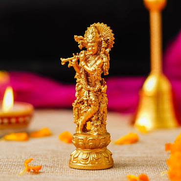 Webelkart Premium Small Krishna Idol Resin Cardashboard, Lord Krishan Statue, Gift Home and Office Decor, Krishna Figurine Showpiece (4" Inches Gold)
