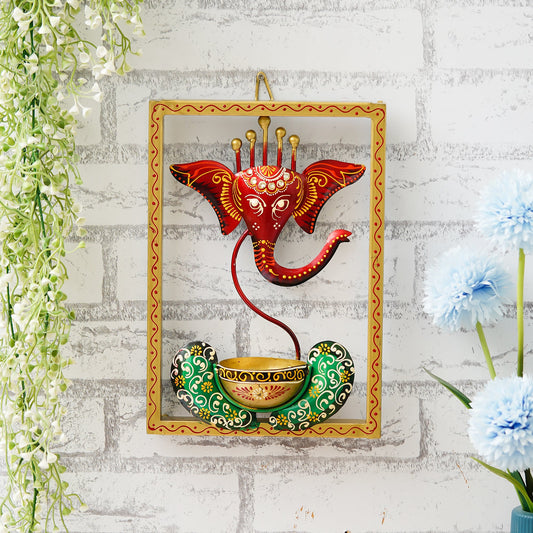 Webelkart Premium Lord Ganesha Tealight Candle Holder with Frame Multicolor, Ganesha Tealight Candle Holder for Wall Decor, Metal, Decorative Showpieces (11.41" Inches)