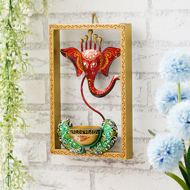 Webelkart Premium Lord Ganesha Tealight Candle Holder with Frame Multicolor, Ganesha Tealight Candle Holder for Wall Decor, Metal, Decorative Showpieces (11.41" Inches)