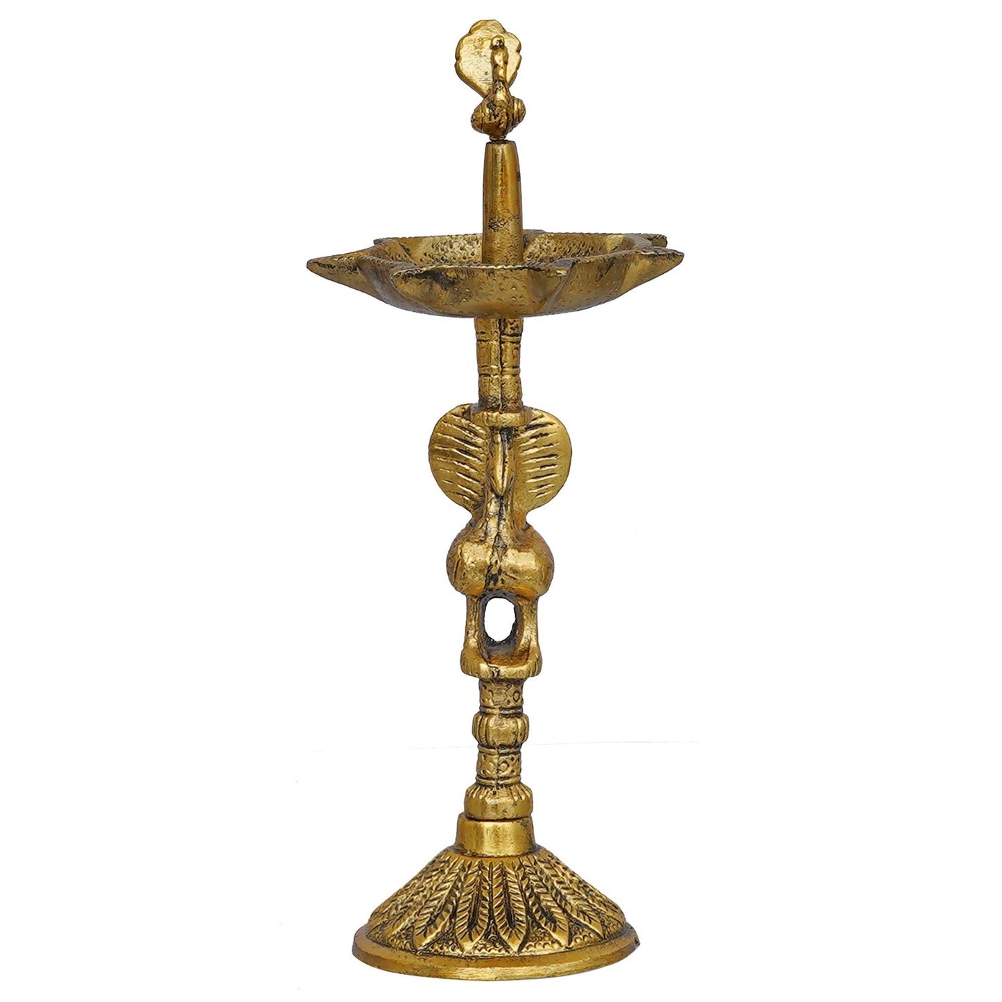 JaipurCrafts Premium Peacock Indian Traditional Metal Table Deepak Samay Diya Oil Diwali Puja Lamp, Golden- 10 Inches