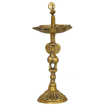 JaipurCrafts Premium Peacock Indian Traditional Metal Table Deepak Samay Diya Oil Diwali Puja Lamp, Golden- 10 Inches