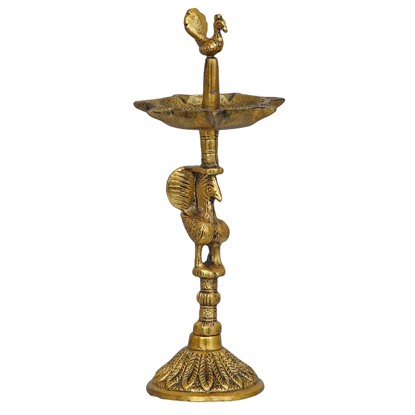 JaipurCrafts Premium Peacock Indian Traditional Metal Table Deepak Samay Diya Oil Diwali Puja Lamp, Golden- 10 Inches
