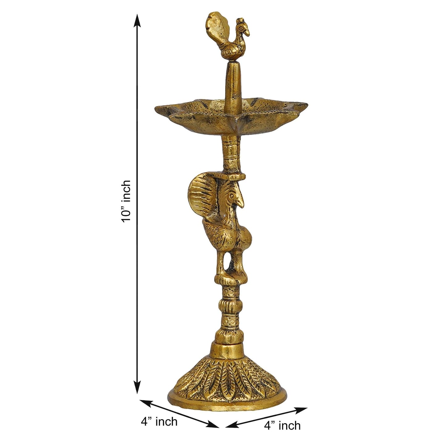 JaipurCrafts Premium Peacock Indian Traditional Metal Table Deepak Samay Diya Oil Diwali Puja Lamp, Golden- 10 Inches