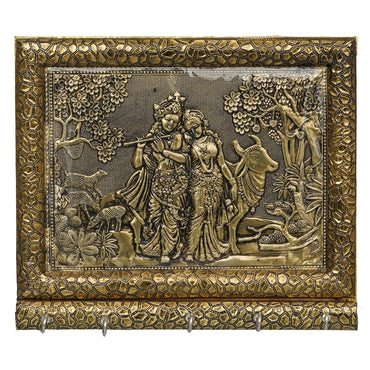 JaipurCrafts Premium Hancrafted Beautiful Radha Krishna with Cow Wood Key Holder for Home and Office Decor (Gold, 5 Hooks)