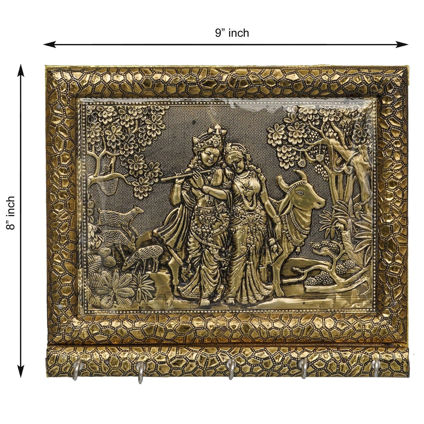 JaipurCrafts Premium Hancrafted Beautiful Radha Krishna with Cow Wood Key Holder for Home and Office Decor (Gold, 5 Hooks)