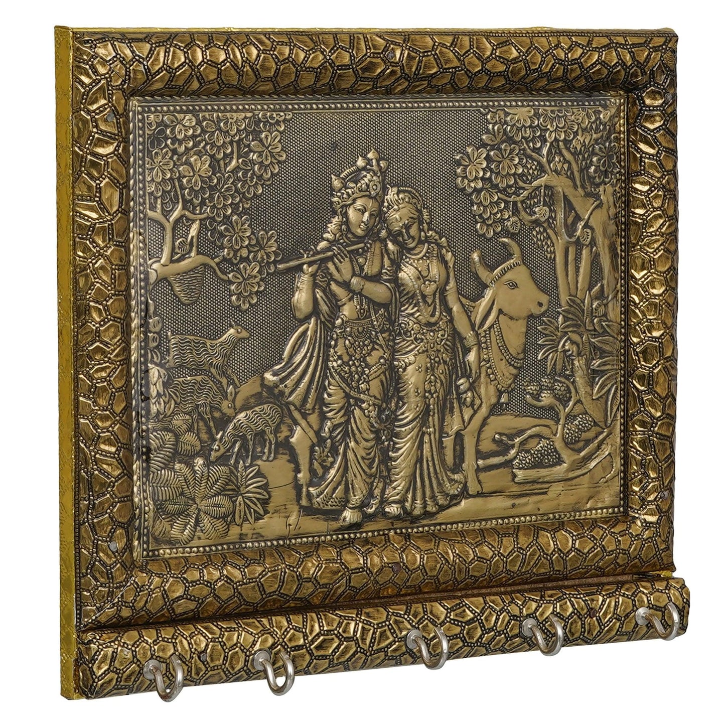 JaipurCrafts Premium Hancrafted Beautiful Radha Krishna with Cow Wood Key Holder for Home and Office Decor (Gold, 5 Hooks)