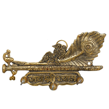 JaipurCrafts Premium Gold Metal Jai Shree Shyam (Krishna) Key Holder for Home and Office Decor| Keychain Holder for Home (7.5 Inches, 3 Hooks)