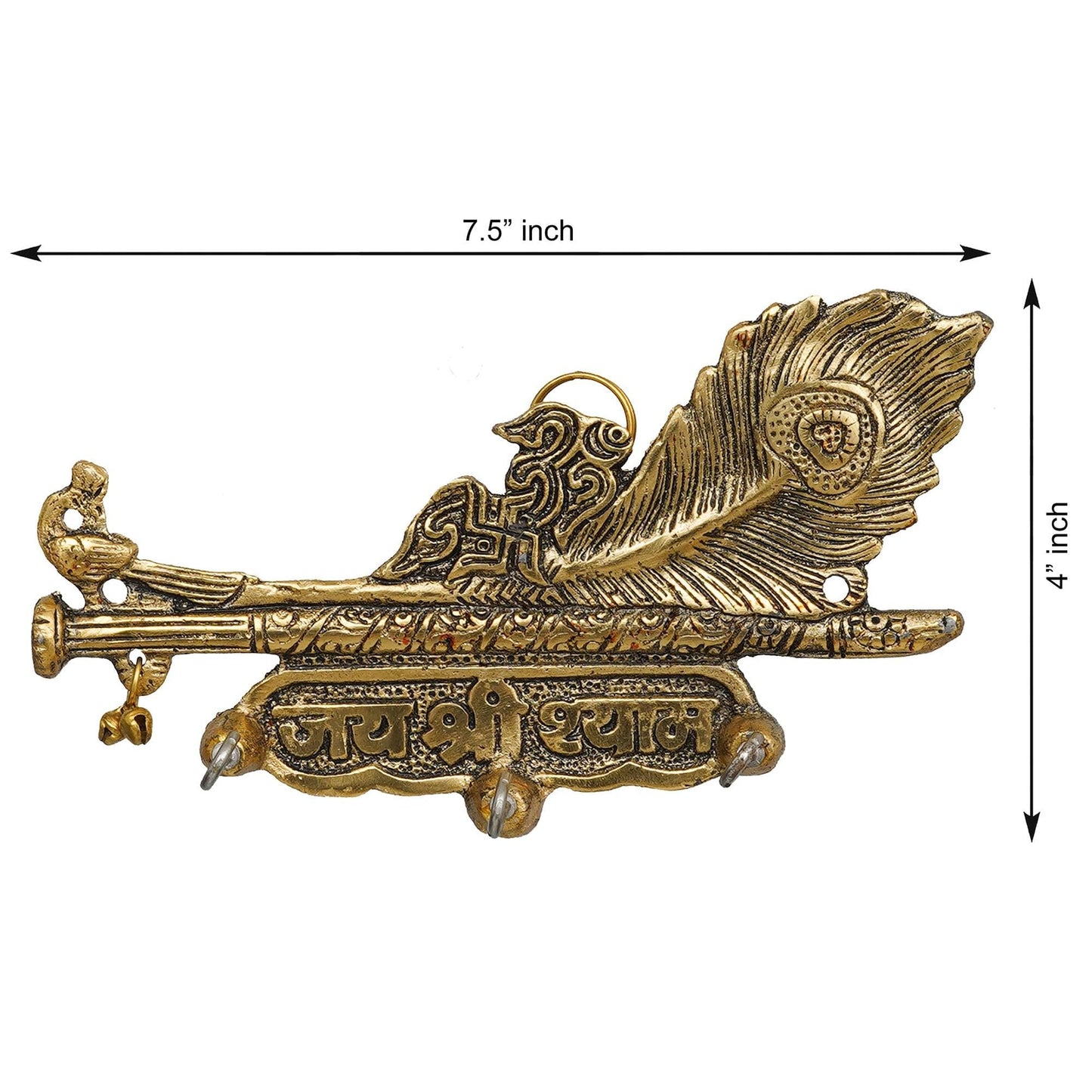 JaipurCrafts Premium Gold Metal Jai Shree Shyam (Krishna) Key Holder for Home and Office Decor| Keychain Holder for Home (7.5 Inches, 3 Hooks)