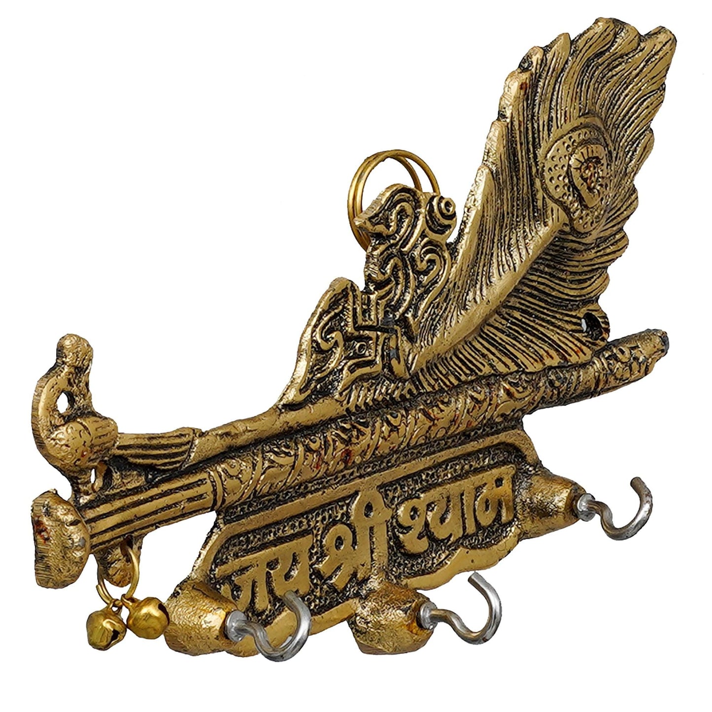 JaipurCrafts Premium Gold Metal Jai Shree Shyam (Krishna) Key Holder for Home and Office Decor| Keychain Holder for Home (7.5 Inches, 3 Hooks)