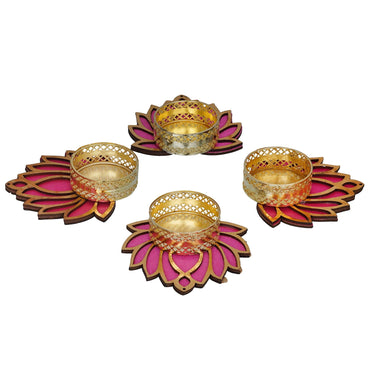 JaipurCrafts Premium Set of 4 Lotus Shape Tealight Candle Holder for Home and Office Decor | tealight Candle Holder for Diwali Decorations | Diwali Candles for Decorations Pack of 4 , 3 Inches