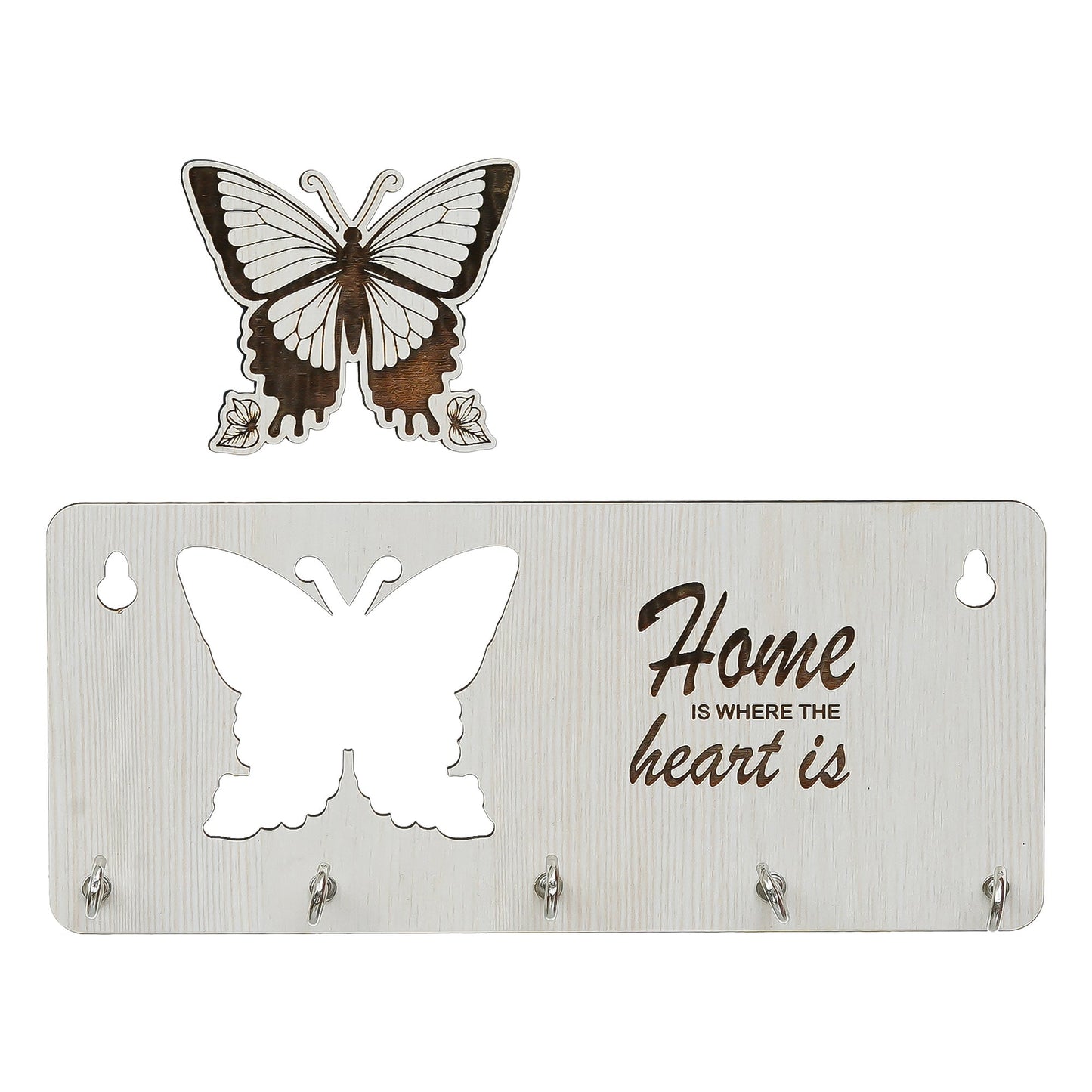 Webelkart Premium Home is Where The Heart is Wooden Key Holder for Home/Office Decor, Key Hanger for Wall Decor,Key Stand (with Butterfly Cutout)