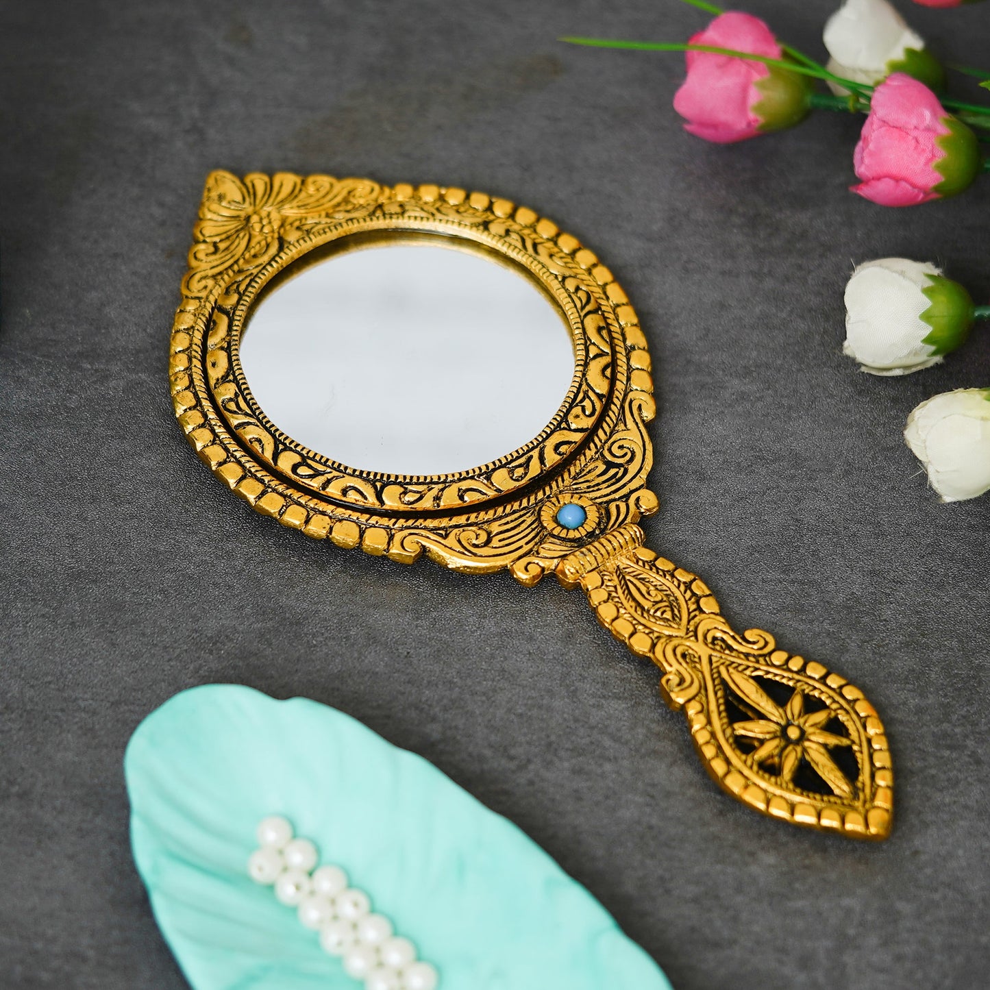 Webelkart Premium Small Cute Metal Dubble Side Hand Mirror with Handle Personal Makeup for Women/Men Salon Mirror & Decorative Antique Item (10" Inches)