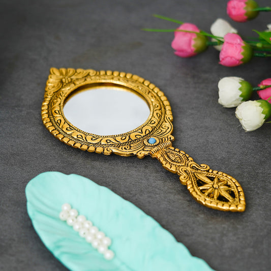 Webelkart Premium Small Cute Metal Dubble Side Hand Mirror with Handle Personal Makeup for Women/Men Salon Mirror & Decorative Antique Item (10" Inches)