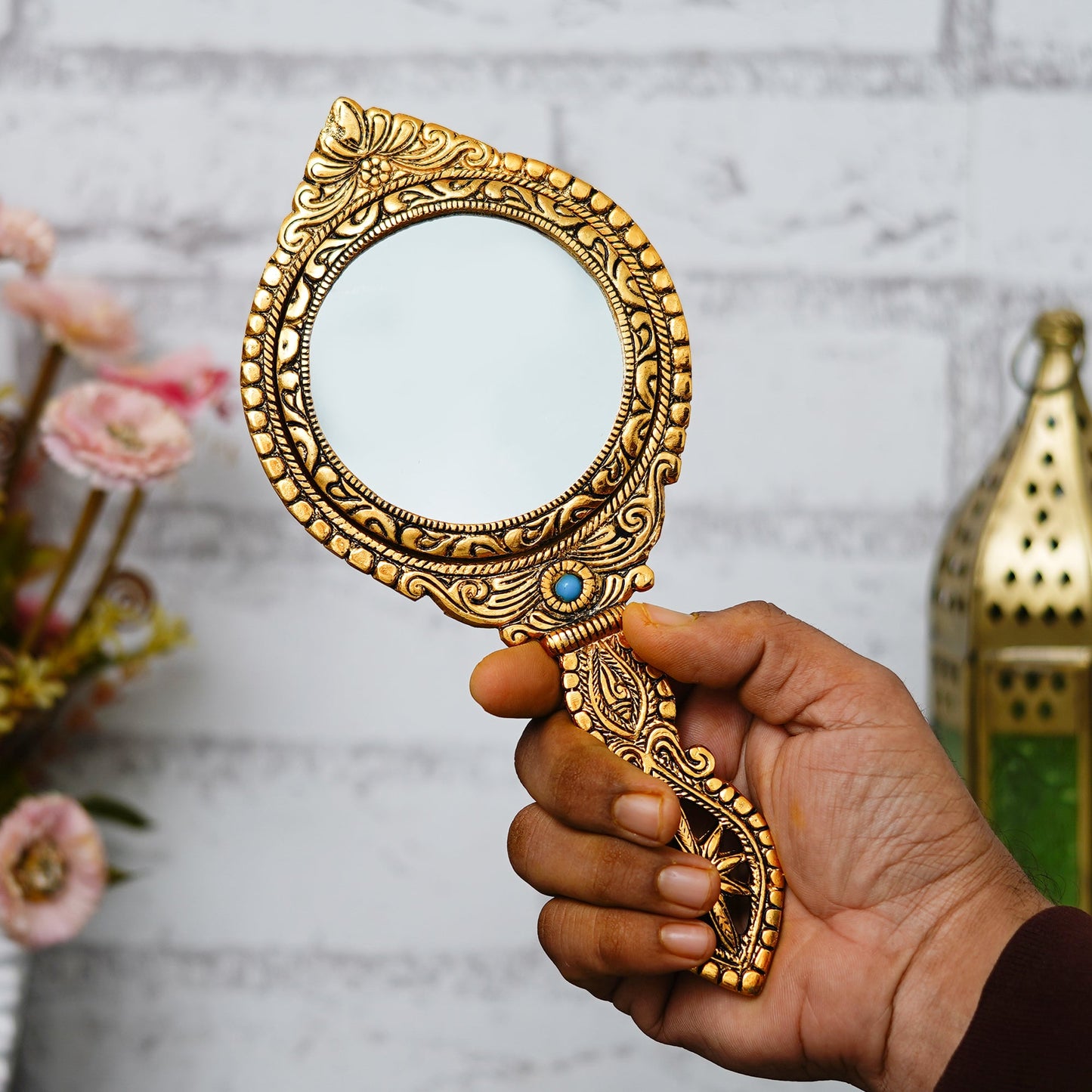 Webelkart Premium Small Cute Metal Dubble Side Hand Mirror with Handle Personal Makeup for Women/Men Salon Mirror & Decorative Antique Item (10" Inches)