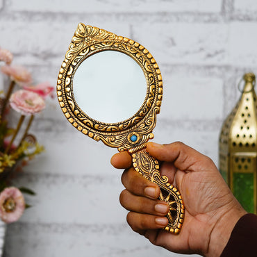 Webelkart Premium Small Cute Metal Dubble Side Hand Mirror with Handle Personal Makeup for Women/Men Salon Mirror & Decorative Antique Item (10" Inches)