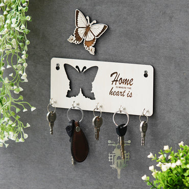 Webelkart Premium Home is Where The Heart is Wooden Key Holder for Home/Office Decor, Key Hanger for Wall Decor,Key Stand (with Butterfly Cutout)