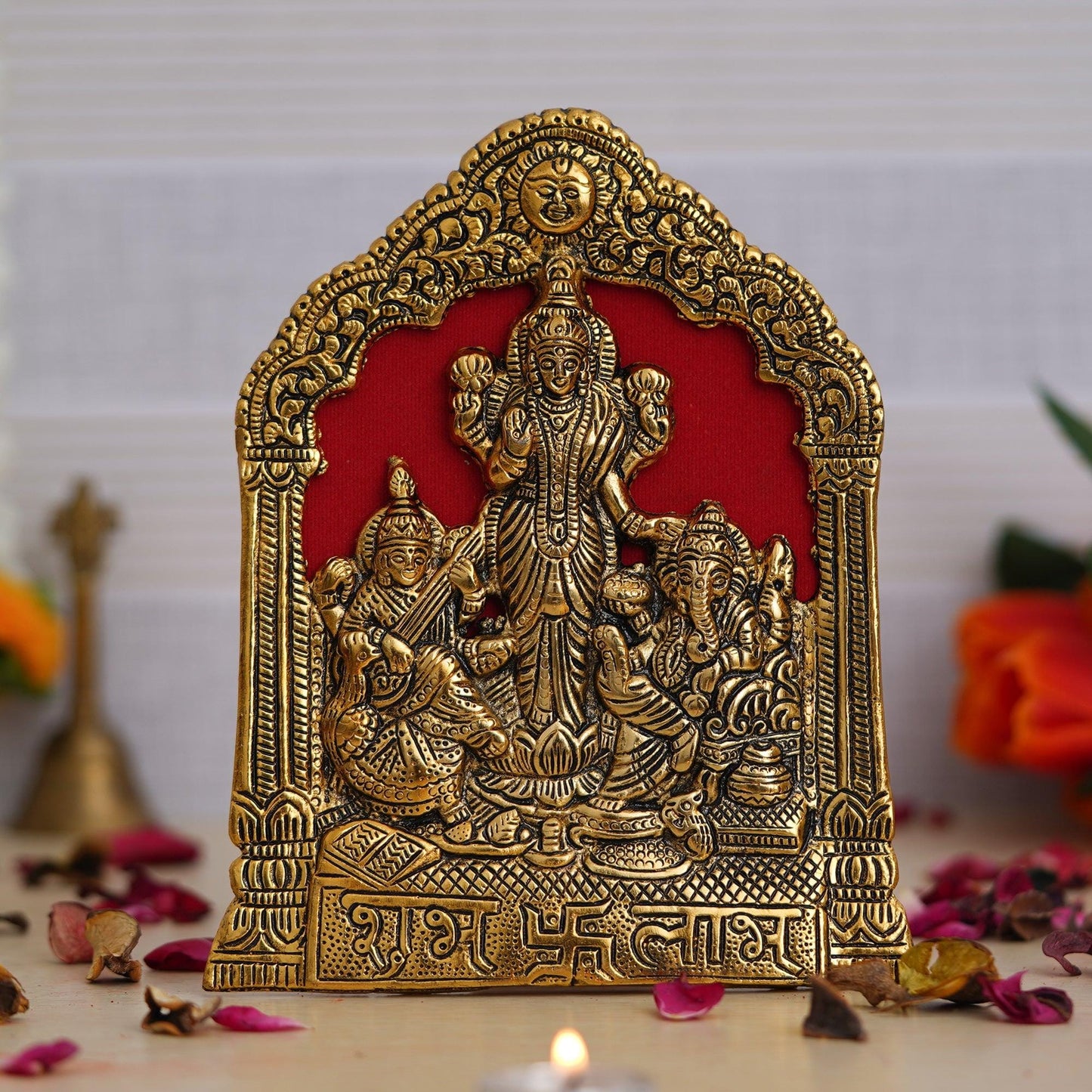 JaipurCrafts Premium Metal Laxmi Ganesha and Saraswati Idol Statue Murti for Home and Pooja Decor| Lakhsmi Ganesha Idol Diwali Decorations and Pooja Room (8 Inches, Gold)